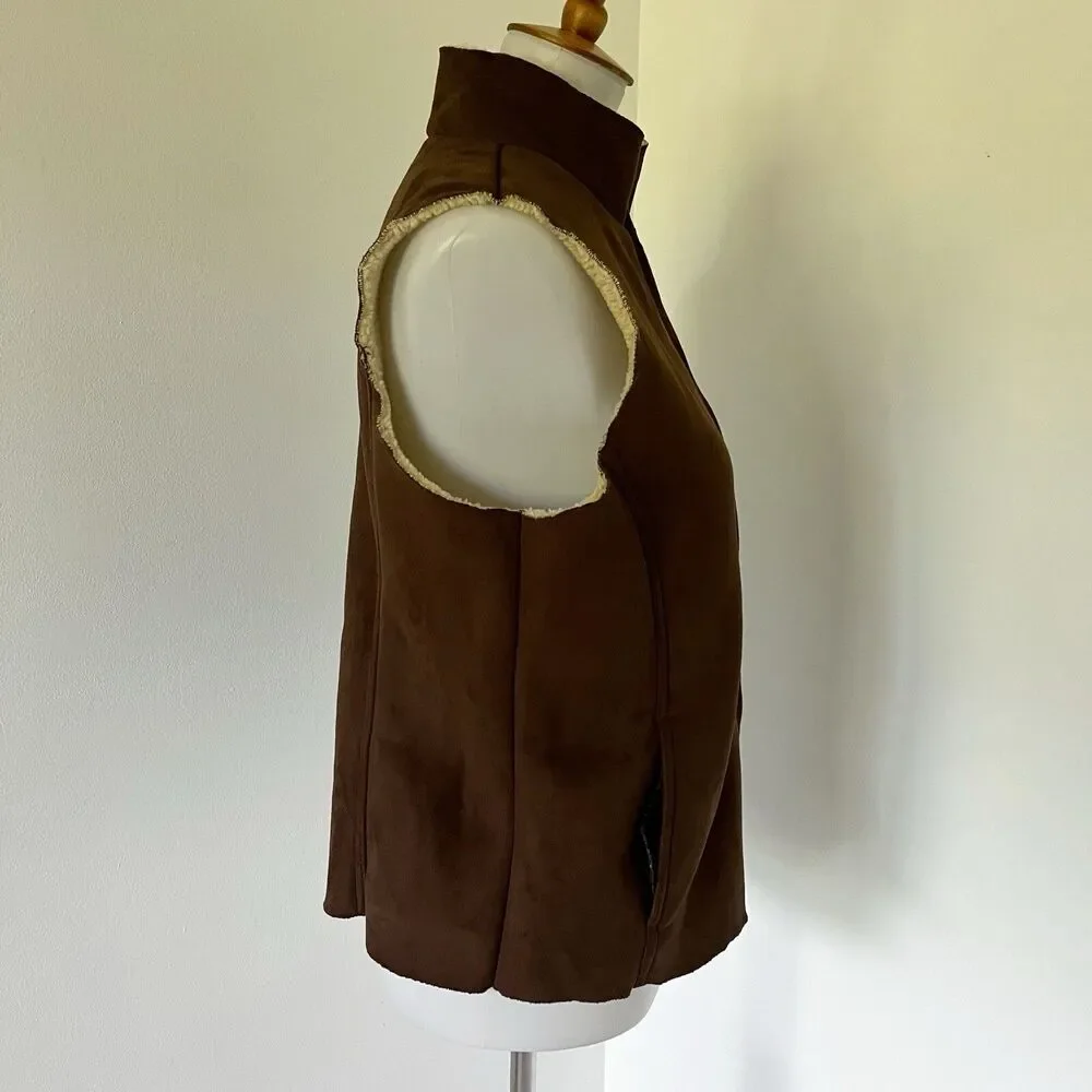 Sherpa Lined Lands End Zip Up Faux Suede Warm Vest Size M/P Medium Petite Brown
